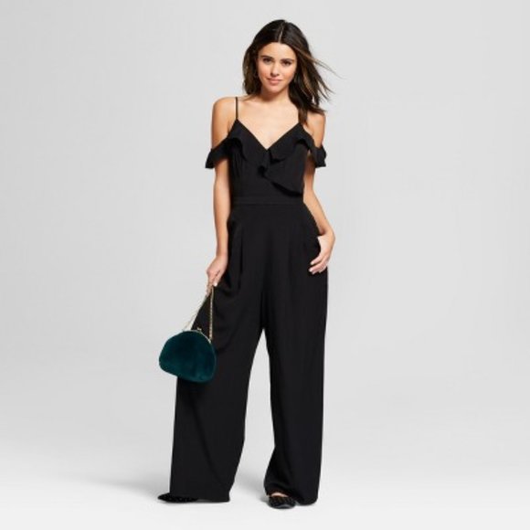 Xhilaration Pants - Xhilaration Black Ruffle Cold Shoulder Jumpsuit L